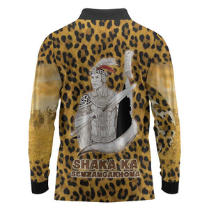 Shaka Zulu Long Sleeve Polo Shirt Leopard Print Design Traditional Warrior Spear and Shield Illustration Tribal King - African Pride
