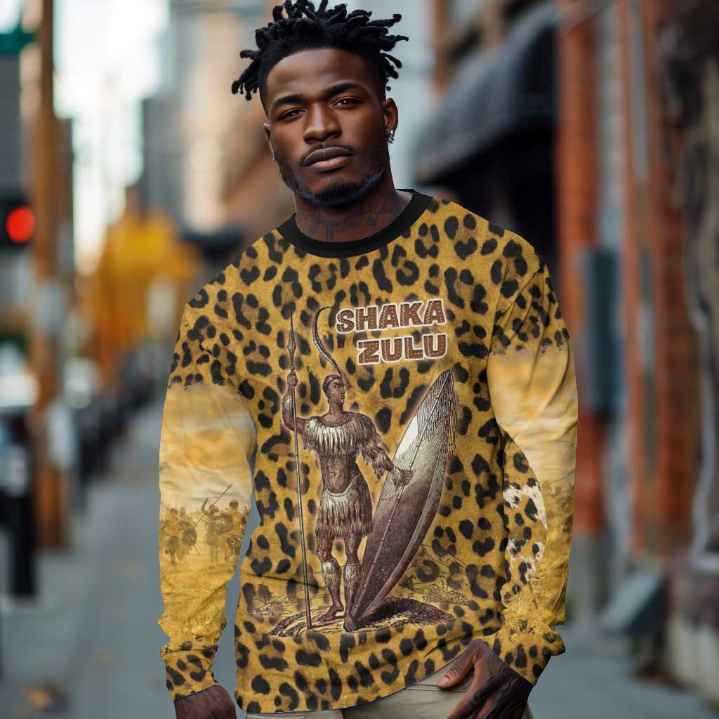 Shaka Zulu Long Sleeve Shirt Leopard Print Design Traditional Warrior Spear and Shield Illustration Tribal King - African Pride