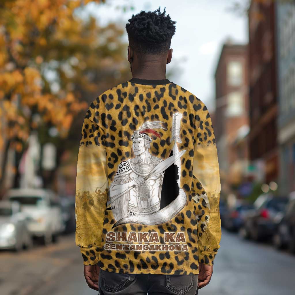 Shaka Zulu Long Sleeve Shirt Leopard Print Design Traditional Warrior Spear and Shield Illustration Tribal King - African Pride