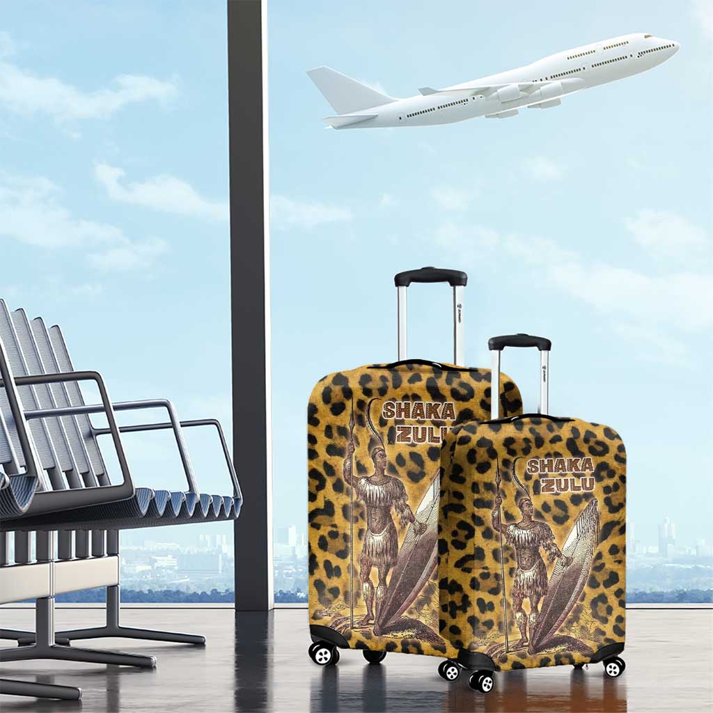 Shaka Zulu Luggage Cover Leopard Print Design Traditional Warrior Spear and Shield Illustration Tribal King - African Pride