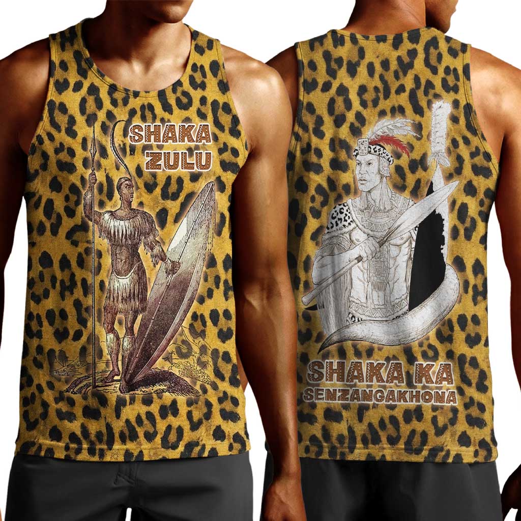 Shaka Zulu Men Tank Top Leopard Print Design Traditional Warrior Spear and Shield Illustration Tribal King - African Pride