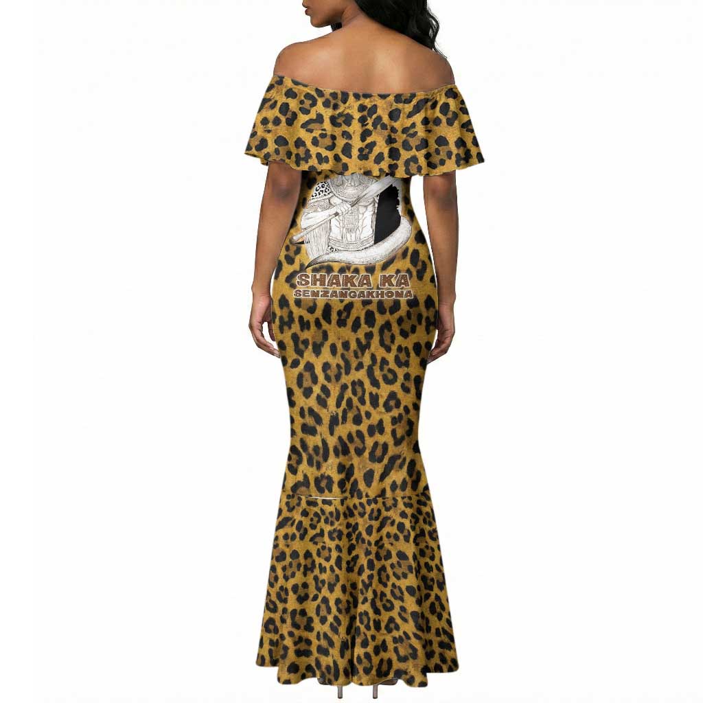 Shaka Zulu Mermaid Dress Leopard Print Design Traditional Warrior Spear and Shield Illustration Tribal King - African Pride