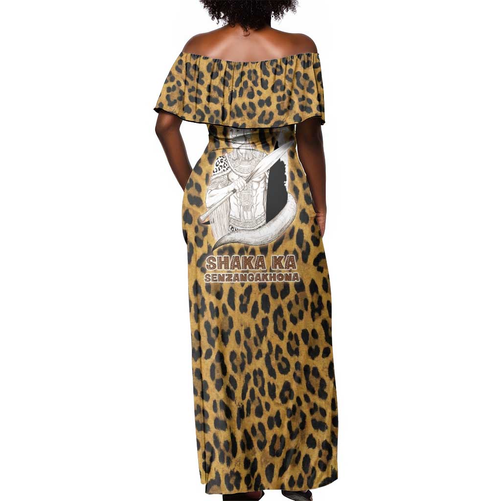 Shaka Zulu Off Shoulder Maxi Dress Leopard Print Design Traditional Warrior Spear and Shield Illustration Tribal King - African Pride