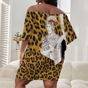 Shaka Zulu Off Shoulder Short Dress Leopard Print Design Traditional Warrior Spear and Shield Illustration Tribal King - African Pride
