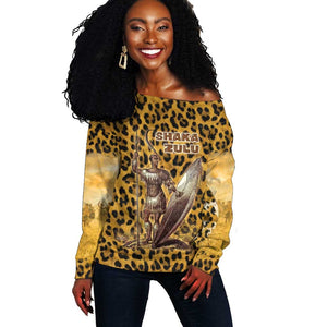 Shaka Zulu Off Shoulder Sweater Leopard Print Design Traditional Warrior Spear and Shield Illustration Tribal King - African Pride
