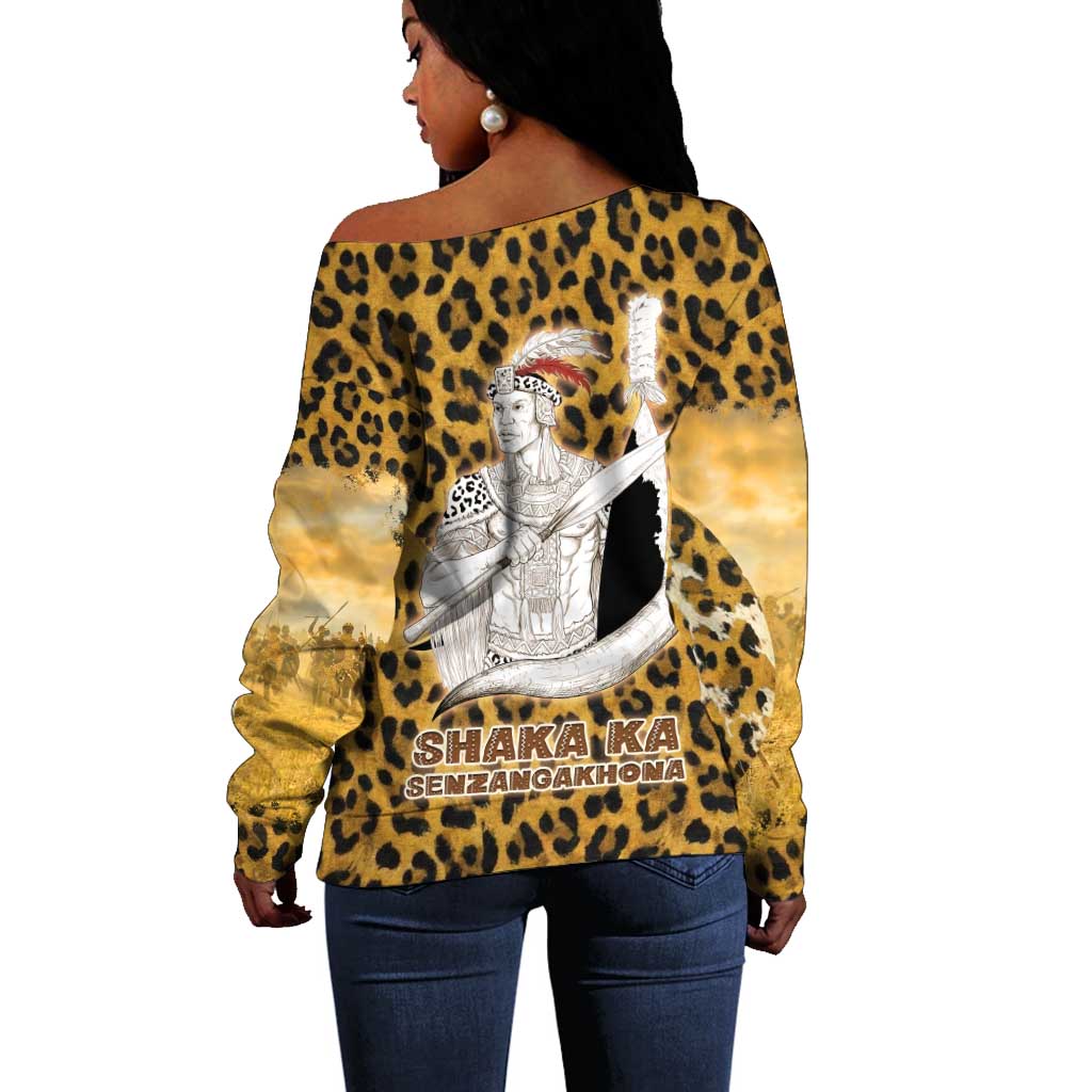 Shaka Zulu Off Shoulder Sweater Leopard Print Design Traditional Warrior Spear and Shield Illustration Tribal King - African Pride
