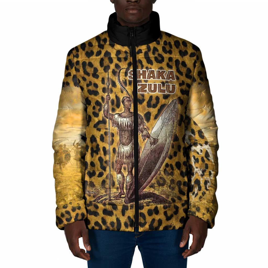 Shaka Zulu Padded Jacket Leopard Print Design Traditional Warrior Spear and Shield Illustration Tribal King - African Pride