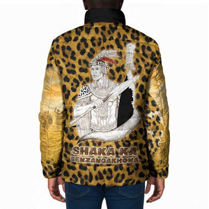 Shaka Zulu Padded Jacket Leopard Print Design Traditional Warrior Spear and Shield Illustration Tribal King - African Pride