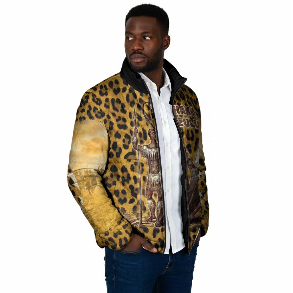 Shaka Zulu Padded Jacket Leopard Print Design Traditional Warrior Spear and Shield Illustration Tribal King - African Pride