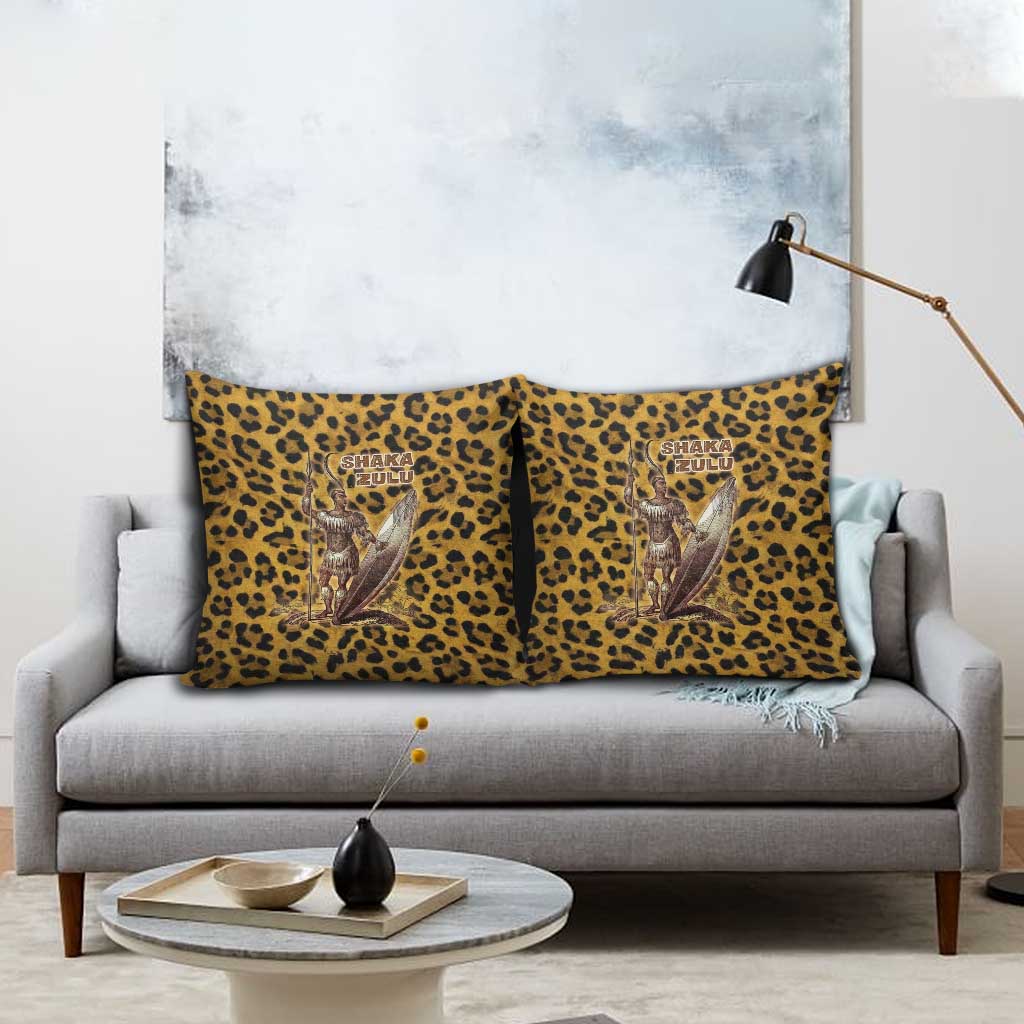 Shaka Zulu Pillow Cover Leopard Print Design Traditional Warrior Spear and Shield Illustration Tribal King - African Pride