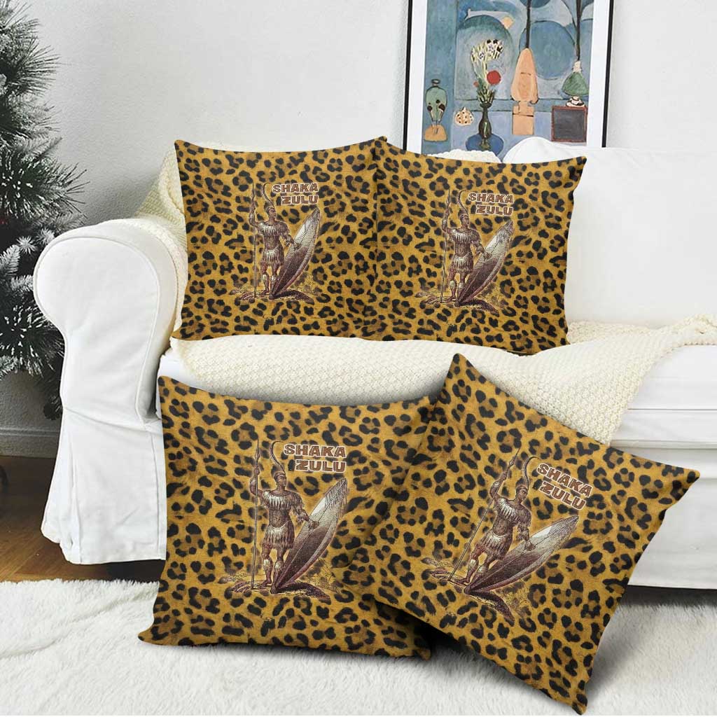 Shaka Zulu Pillow Cover Leopard Print Design Traditional Warrior Spear and Shield Illustration Tribal King - African Pride