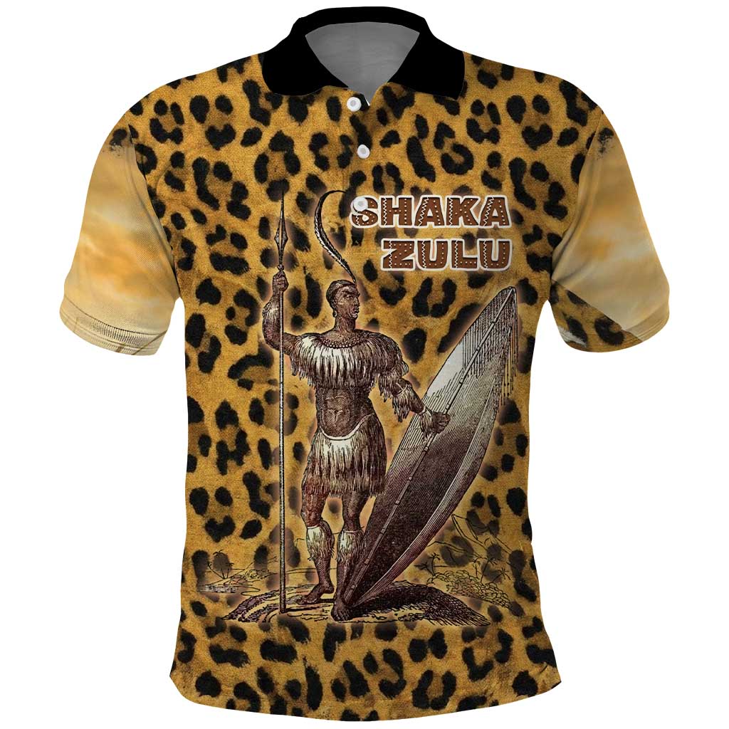 Shaka Zulu Polo Shirt Leopard Print Design Traditional Warrior Spear and Shield Illustration Tribal King - African Pride