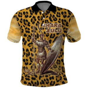 Shaka Zulu Polo Shirt Leopard Print Design Traditional Warrior Spear and Shield Illustration Tribal King - African Pride