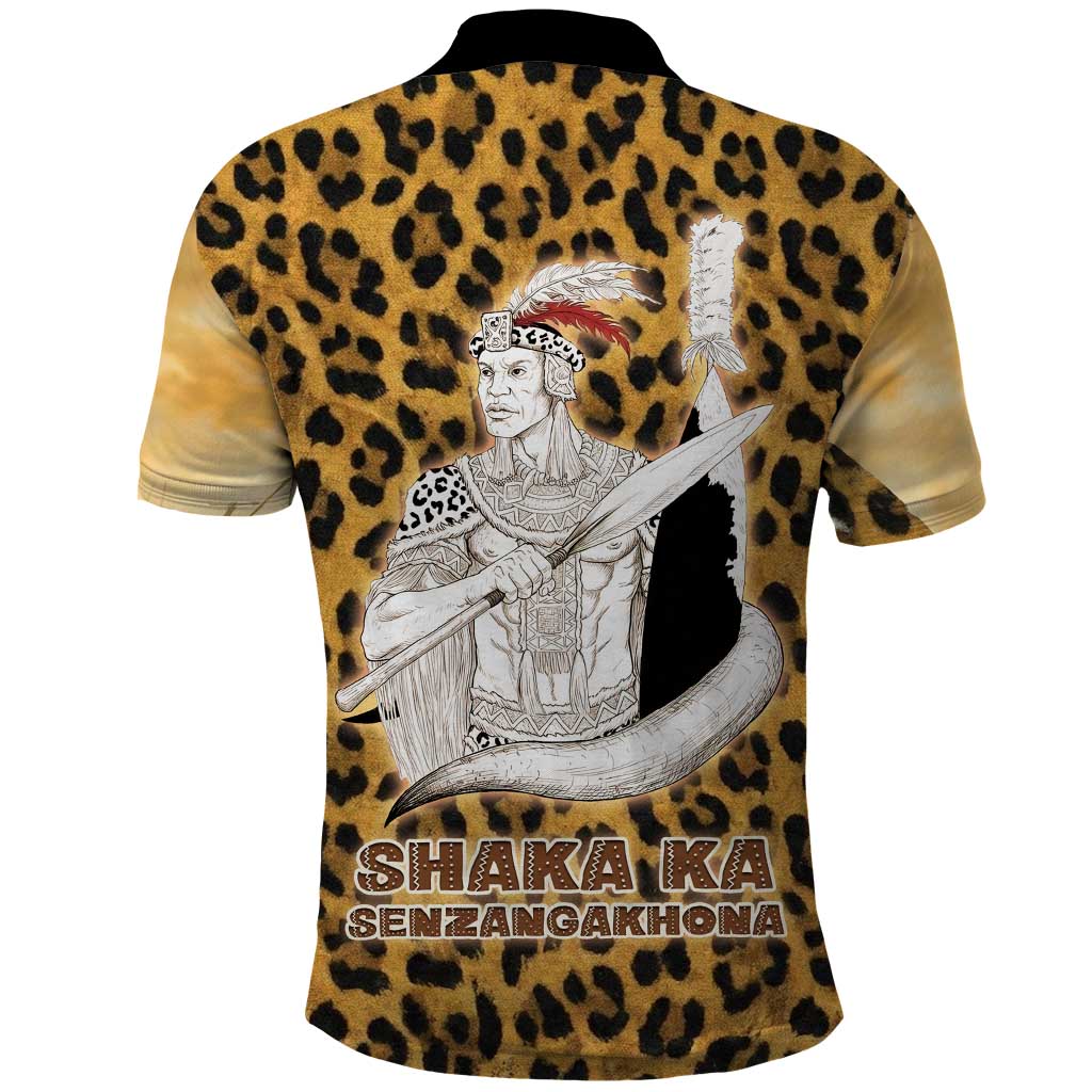 Shaka Zulu Polo Shirt Leopard Print Design Traditional Warrior Spear and Shield Illustration Tribal King - African Pride