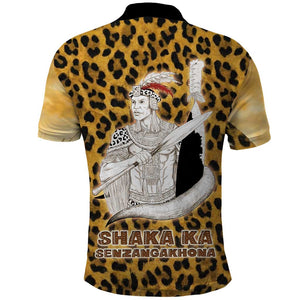 Shaka Zulu Polo Shirt Leopard Print Design Traditional Warrior Spear and Shield Illustration Tribal King - African Pride