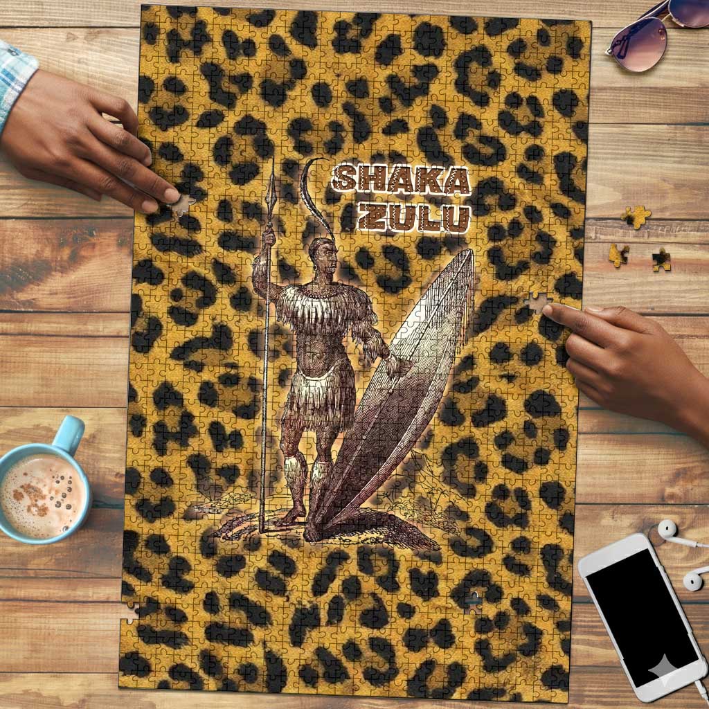 Shaka Zulu Puzzle Leopard Print Design Traditional Warrior Spear and Shield Illustration Tribal King - African Pride