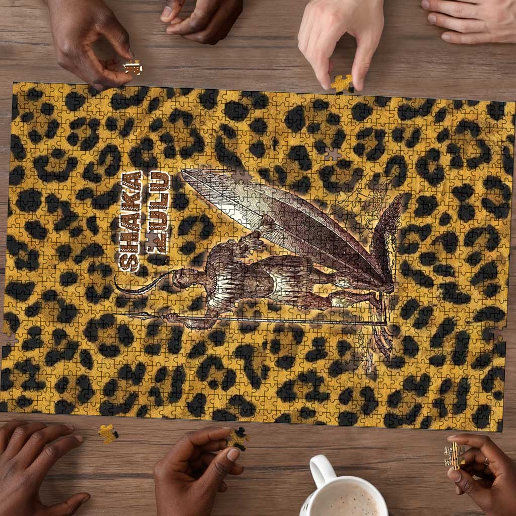 Shaka Zulu Puzzle Leopard Print Design Traditional Warrior Spear and Shield Illustration Tribal King - African Pride