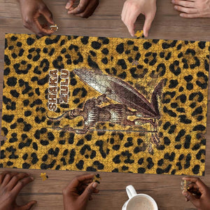 Shaka Zulu Puzzle Leopard Print Design Traditional Warrior Spear and Shield Illustration Tribal King - African Pride