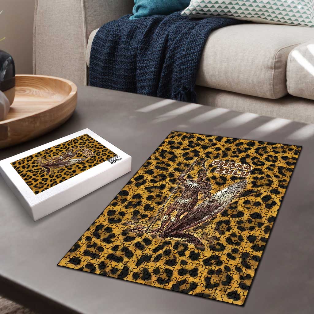 Shaka Zulu Puzzle Leopard Print Design Traditional Warrior Spear and Shield Illustration Tribal King - African Pride