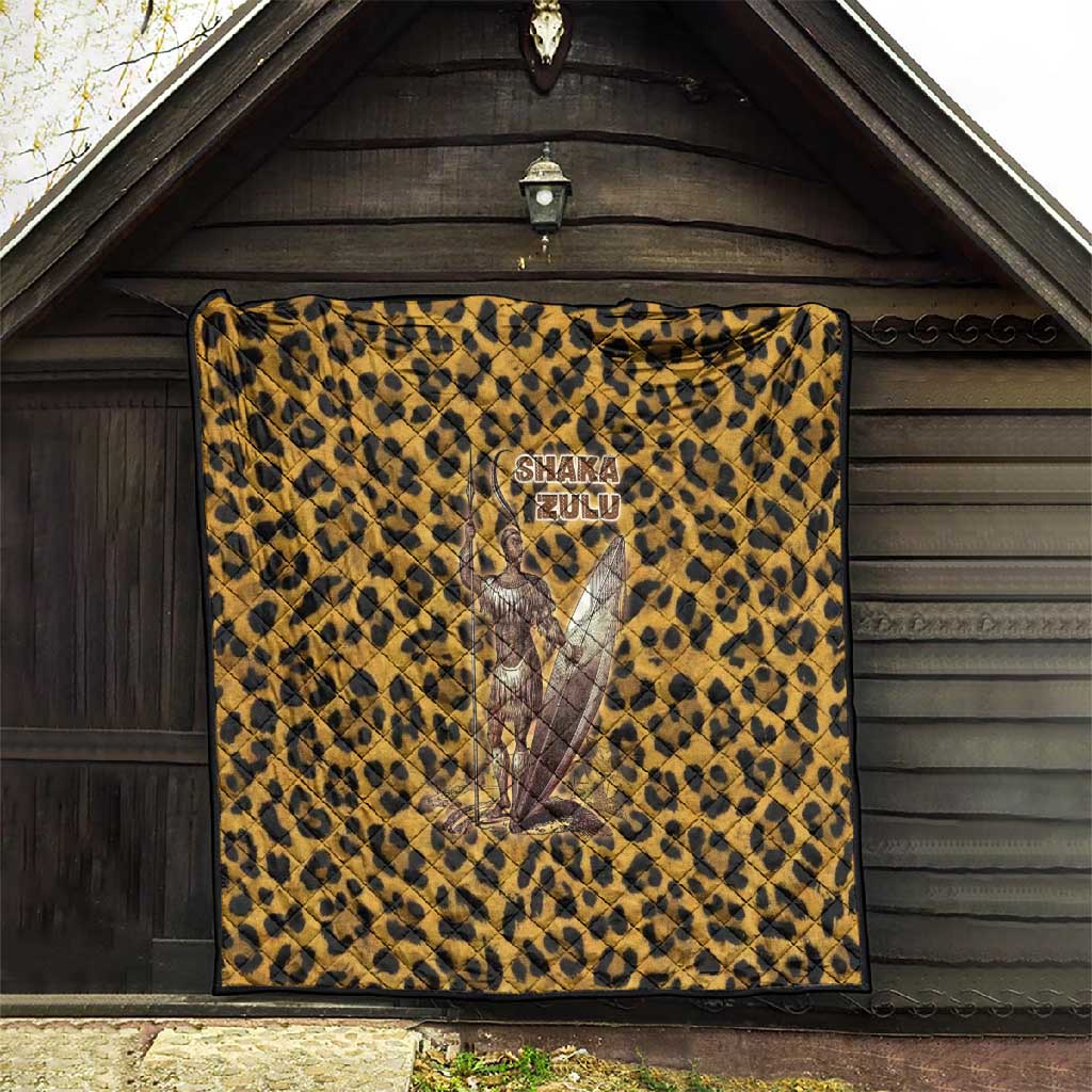 Shaka Zulu Quilt Leopard Print Design Traditional Warrior Spear and Shield Illustration Tribal King - African Pride