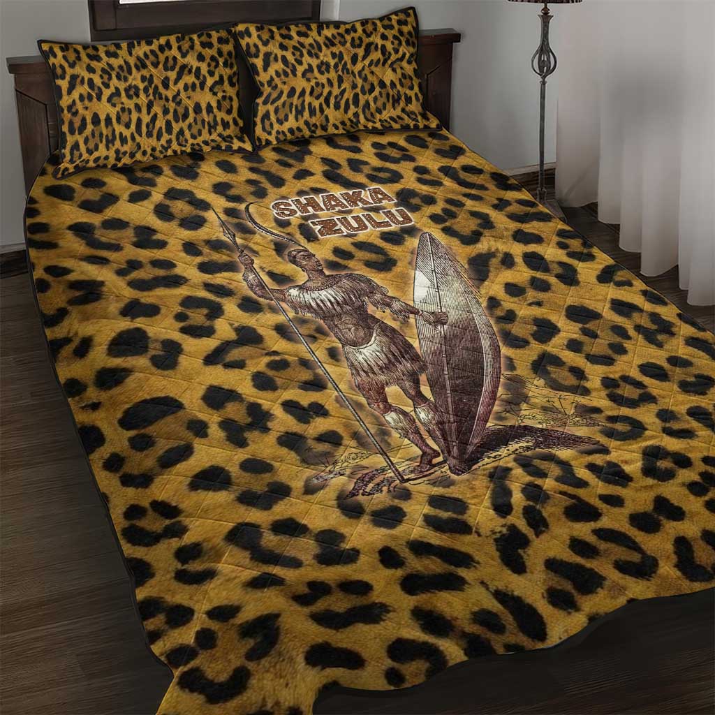 Shaka Zulu Quilt Bed Set Leopard Print Design Traditional Warrior Spear and Shield Illustration Tribal King - African Pride