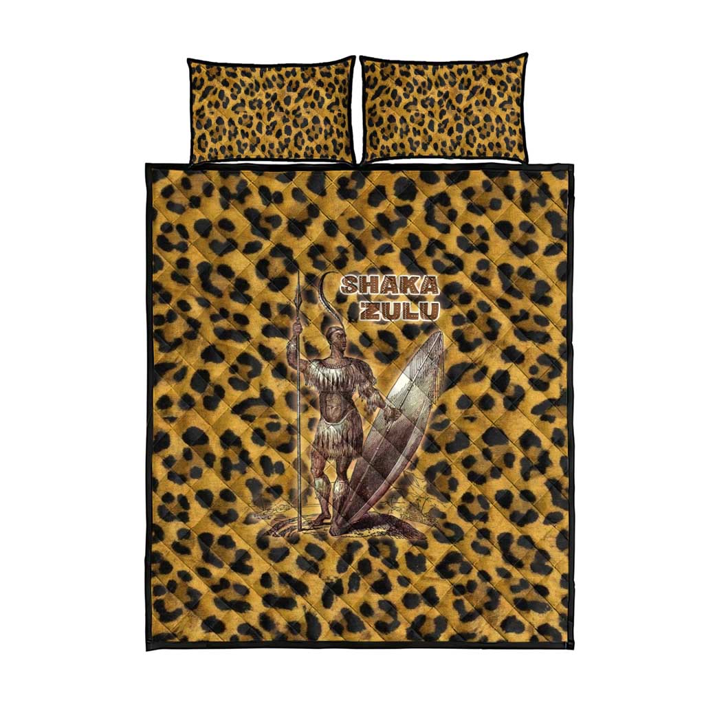 Shaka Zulu Quilt Bed Set Leopard Print Design Traditional Warrior Spear and Shield Illustration Tribal King - African Pride