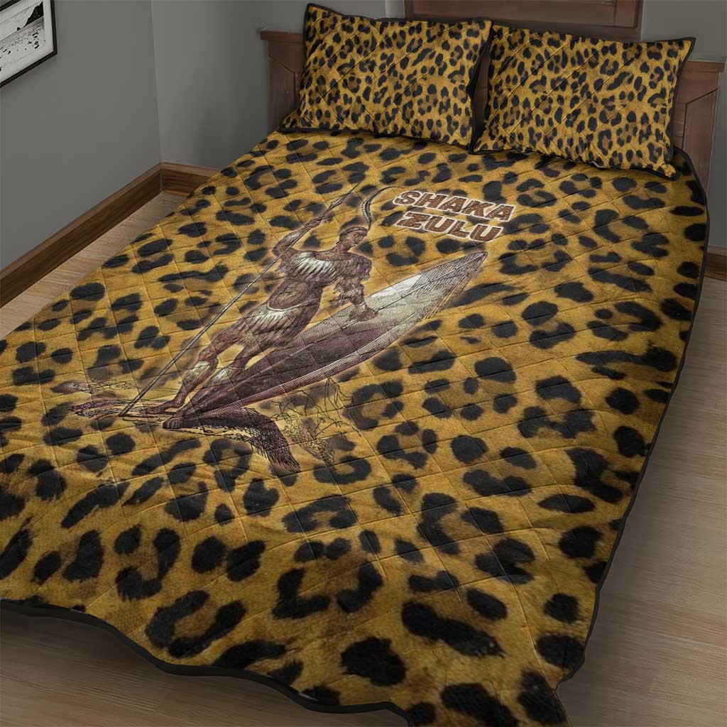 Shaka Zulu Quilt Bed Set Leopard Print Design Traditional Warrior Spear and Shield Illustration Tribal King - African Pride