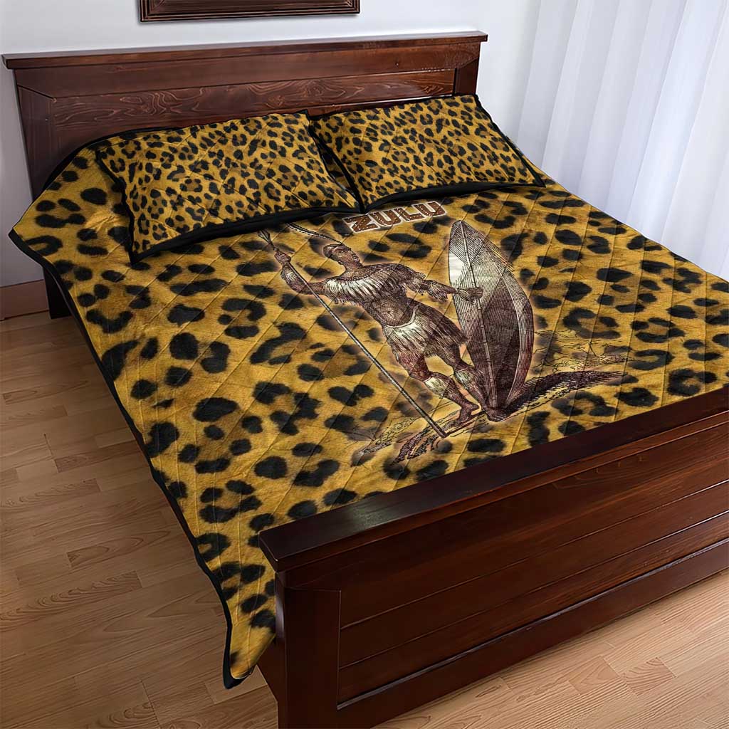 Shaka Zulu Quilt Bed Set Leopard Print Design Traditional Warrior Spear and Shield Illustration Tribal King - African Pride