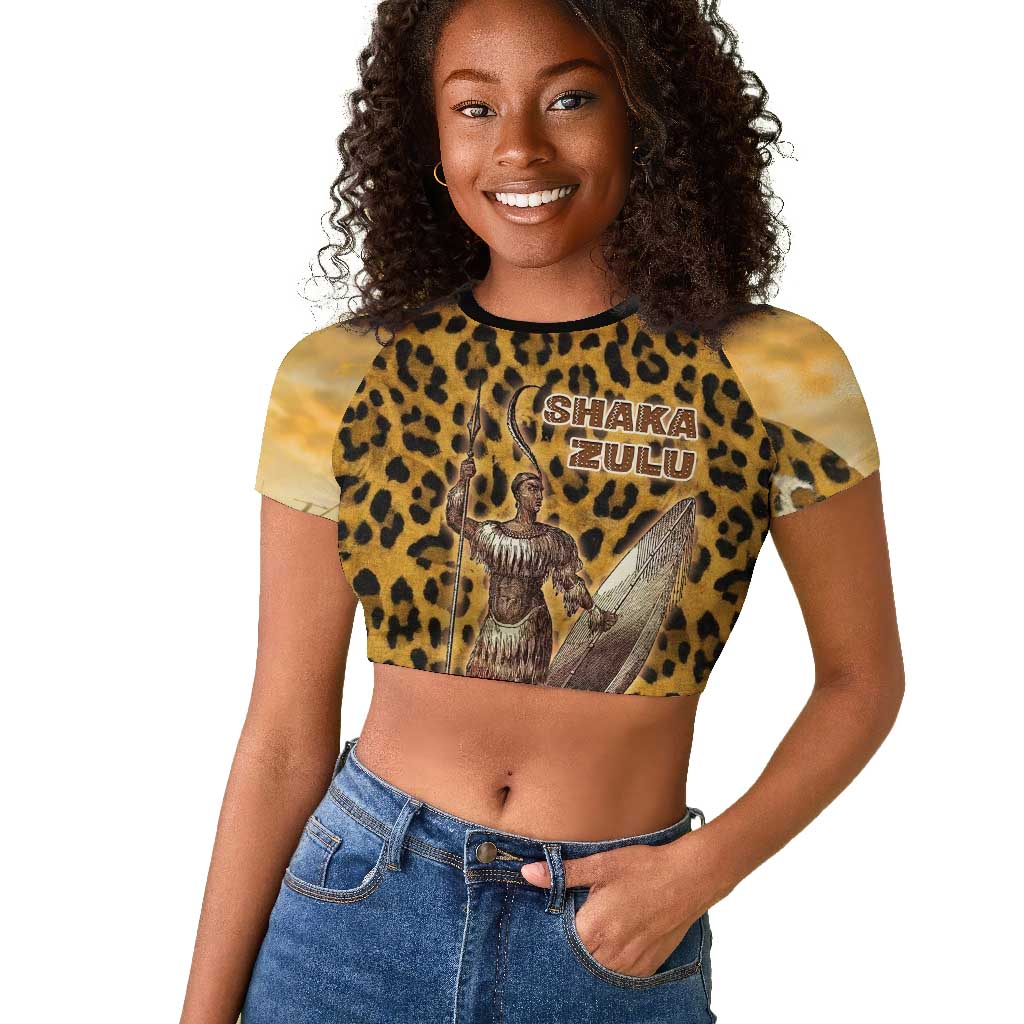 Shaka Zulu Raglan Cropped T shirt Leopard Print Design Traditional Warrior Spear and Shield Illustration Tribal King - African Pride