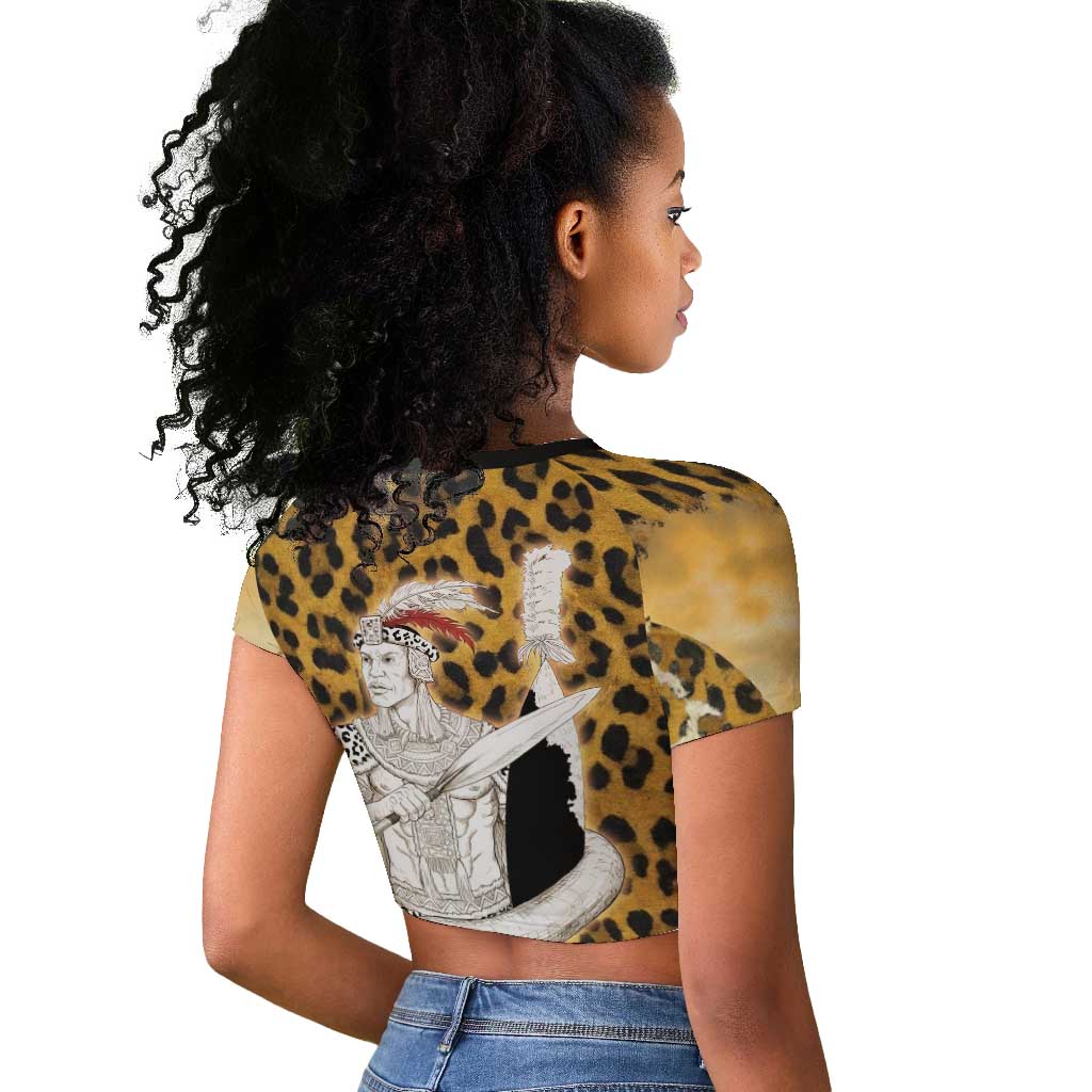 Shaka Zulu Raglan Cropped T shirt Leopard Print Design Traditional Warrior Spear and Shield Illustration Tribal King - African Pride