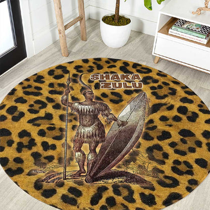 Shaka Zulu Round Carpet Leopard Print Design Traditional Warrior Spear and Shield Illustration Tribal King - African Pride