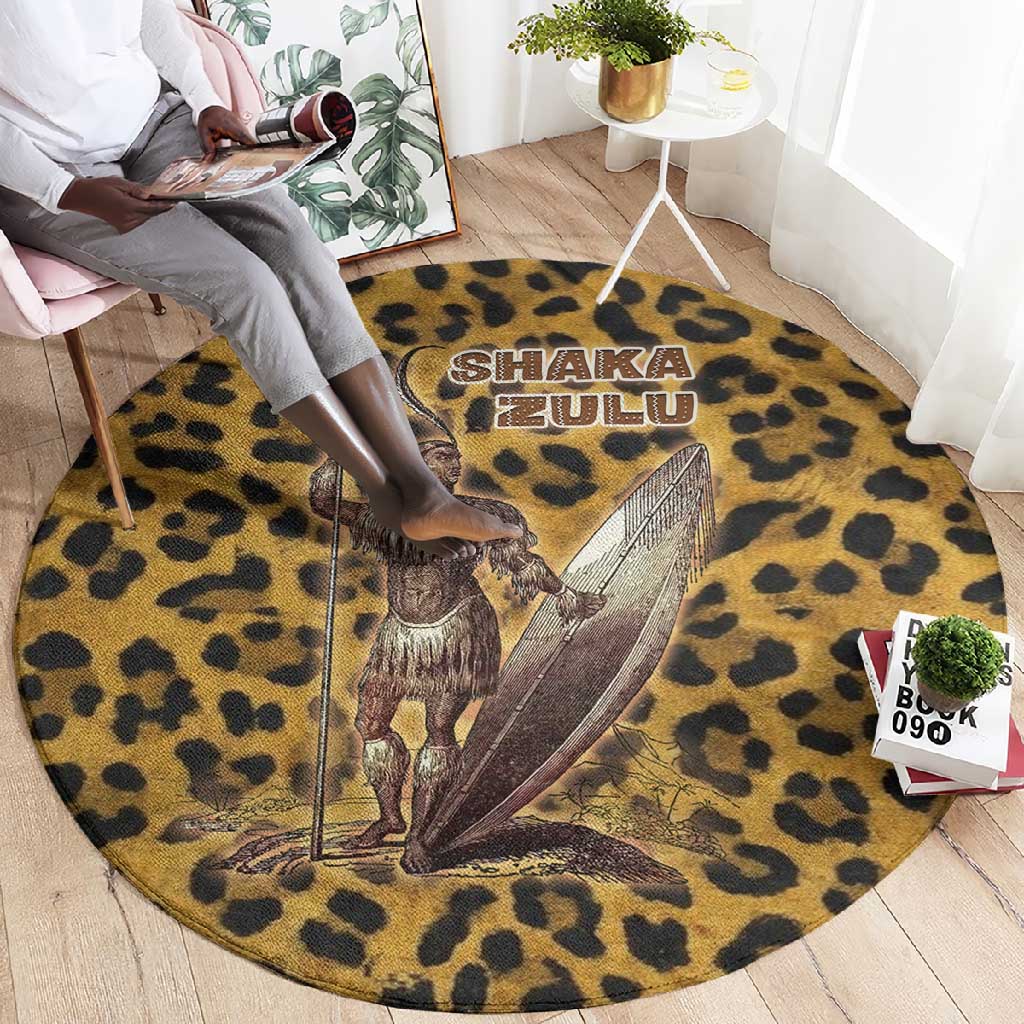 Shaka Zulu Round Carpet Leopard Print Design Traditional Warrior Spear and Shield Illustration Tribal King - African Pride