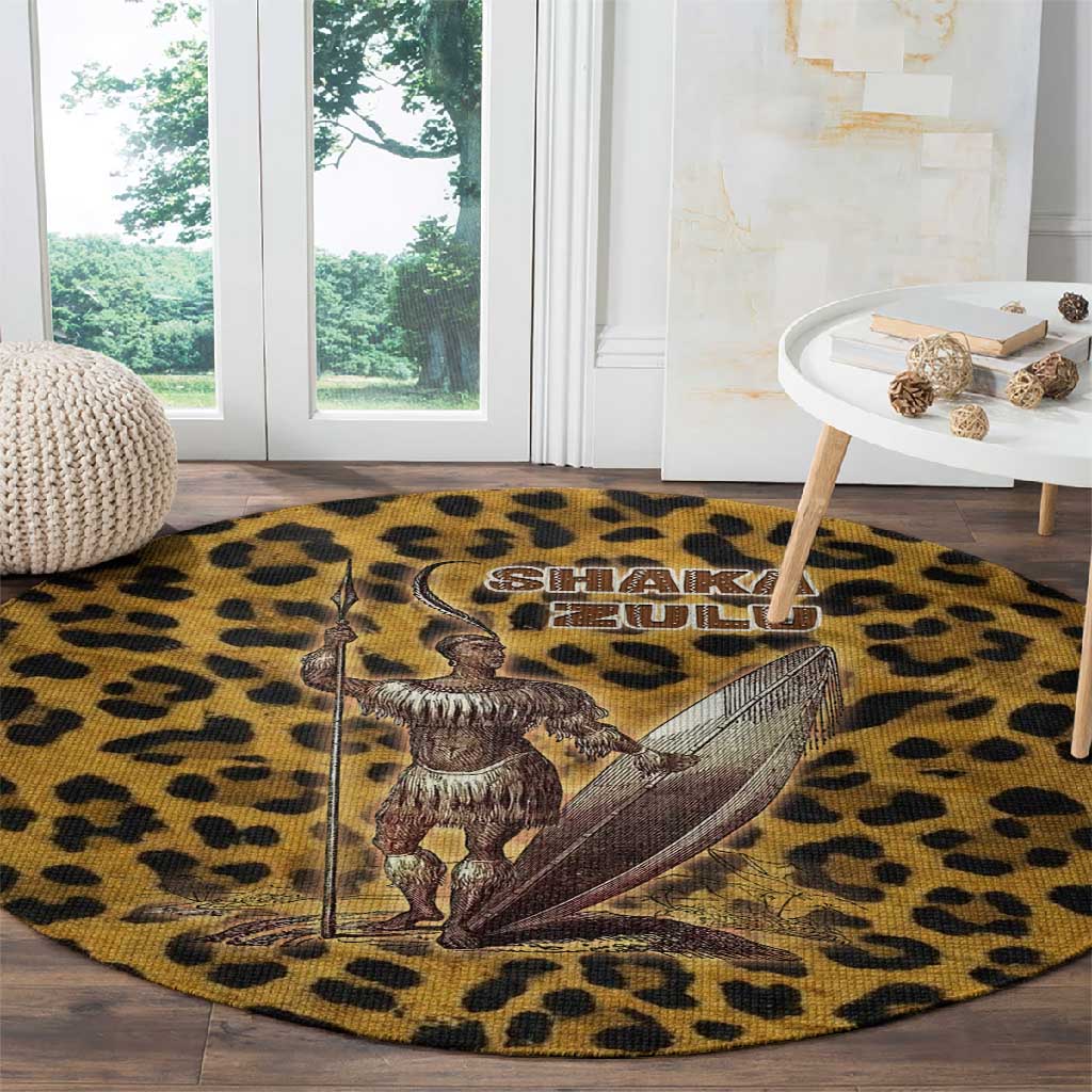 Shaka Zulu Round Carpet Leopard Print Design Traditional Warrior Spear and Shield Illustration Tribal King - African Pride