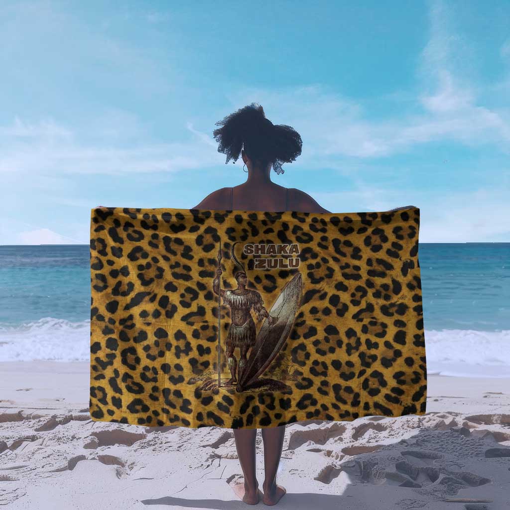 Shaka Zulu Sarong Leopard Print Design Traditional Warrior Spear and Shield Illustration Tribal King - African Pride