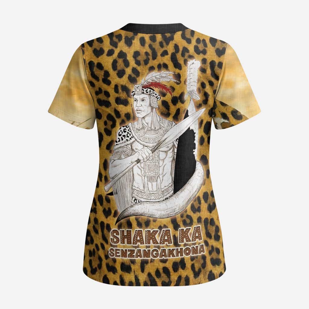 Shaka Zulu Scrub Top Leopard Print Design Traditional Warrior Spear and Shield Illustration Tribal King - African Pride