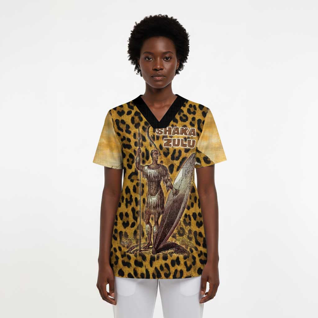 Shaka Zulu Scrub Top Leopard Print Design Traditional Warrior Spear and Shield Illustration Tribal King - African Pride