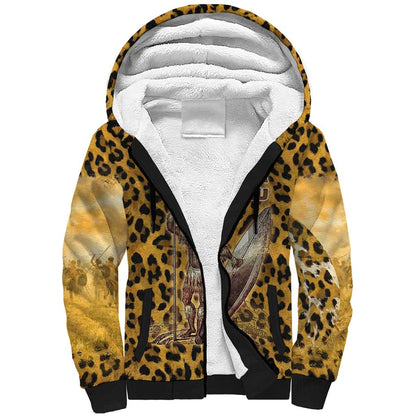 Shaka Zulu Sherpa Hoodie Leopard Print Design Traditional Warrior Spear and Shield Illustration Tribal King - African Pride