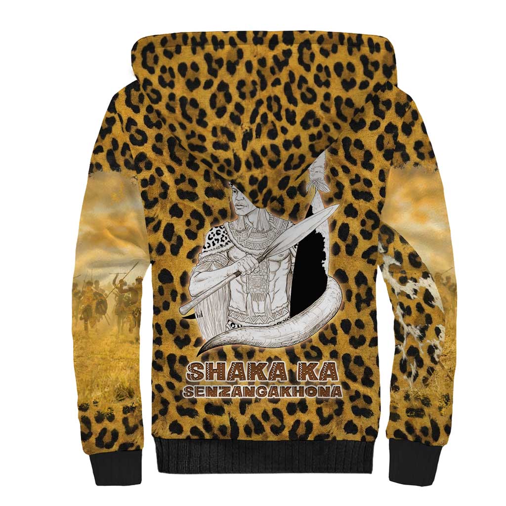 Shaka Zulu Sherpa Hoodie Leopard Print Design Traditional Warrior Spear and Shield Illustration Tribal King - African Pride
