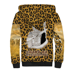 Shaka Zulu Sherpa Hoodie Leopard Print Design Traditional Warrior Spear and Shield Illustration Tribal King - African Pride