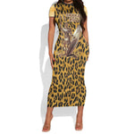 Shaka Zulu Short Sleeve Bodycon Dress Leopard Print Design Traditional Warrior Spear and Shield Illustration Tribal King - African Pride