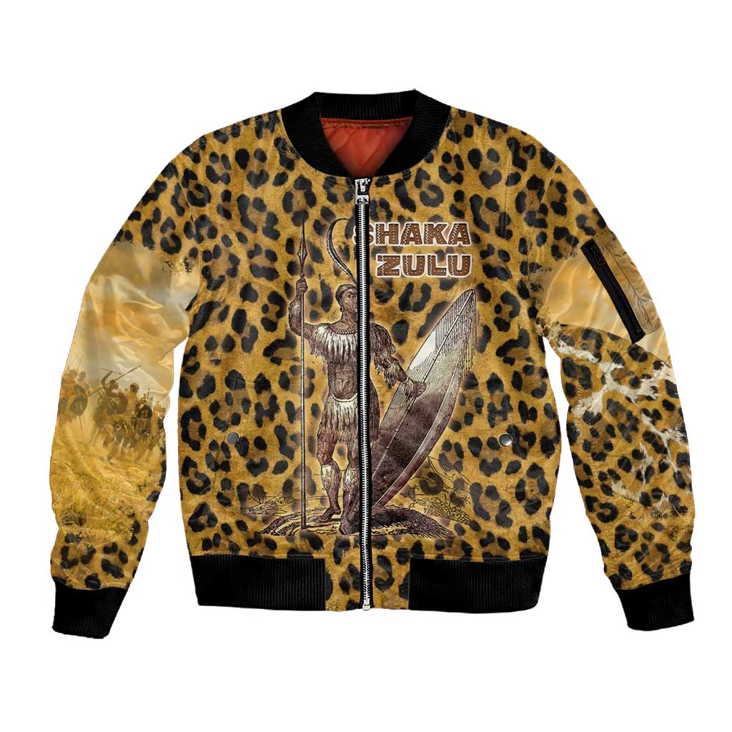 Shaka Zulu Sleeve Zip Bomber Jacket Leopard Print Design Traditional Warrior Spear and Shield Illustration Tribal King - African Pride