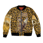 Shaka Zulu Sleeve Zip Bomber Jacket Leopard Print Design Traditional Warrior Spear and Shield Illustration Tribal King - African Pride