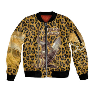 Shaka Zulu Sleeve Zip Bomber Jacket Leopard Print Design Traditional Warrior Spear and Shield Illustration Tribal King - African Pride