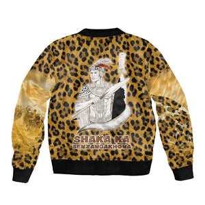 Shaka Zulu Sleeve Zip Bomber Jacket Leopard Print Design Traditional Warrior Spear and Shield Illustration Tribal King - African Pride