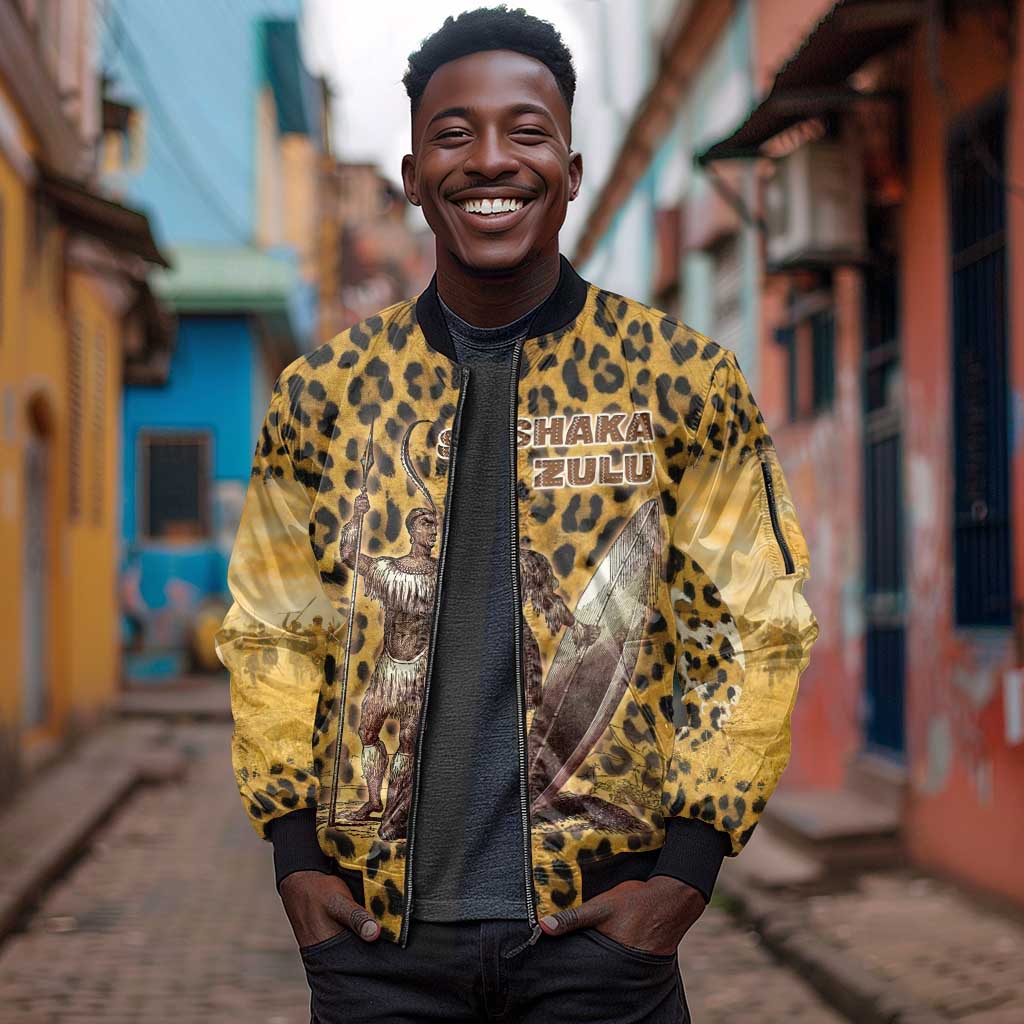 Shaka Zulu Sleeve Zip Bomber Jacket Leopard Print Design Traditional Warrior Spear and Shield Illustration Tribal King - African Pride