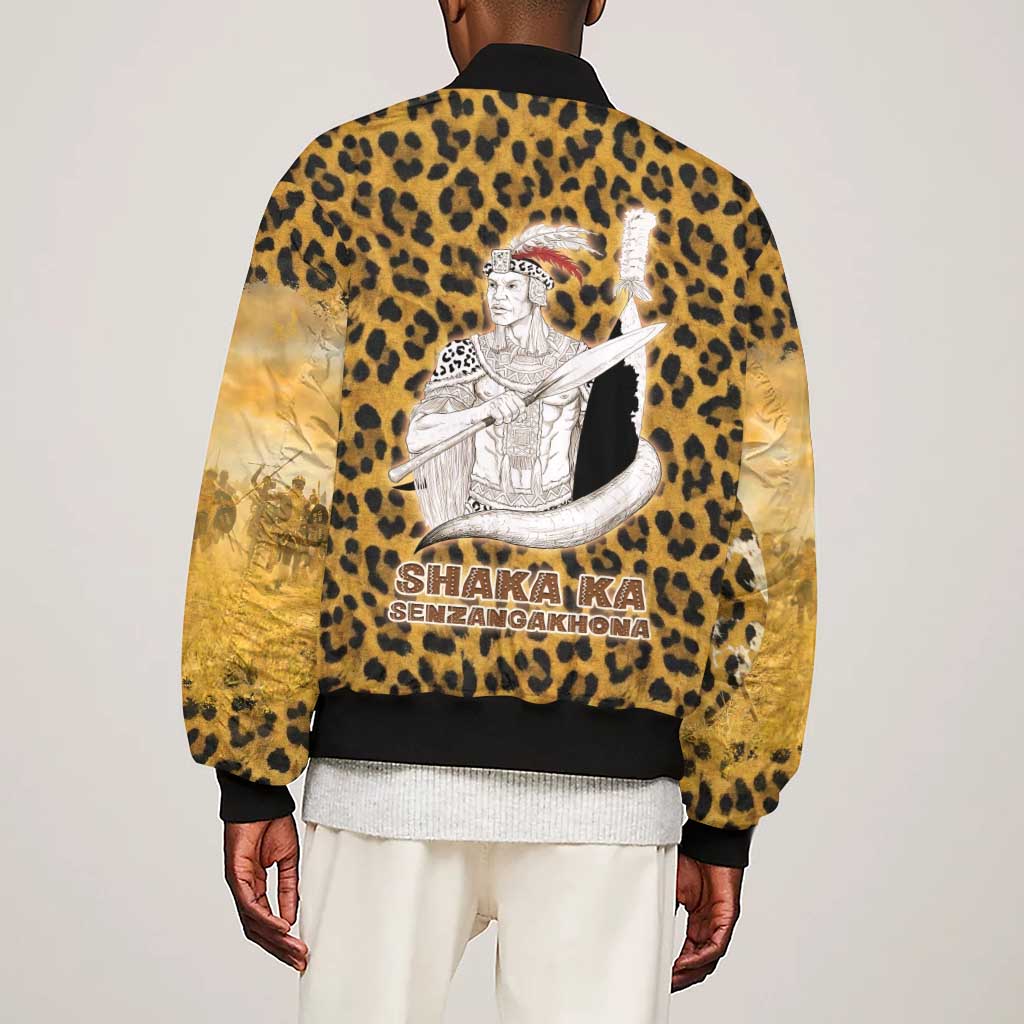 Shaka Zulu Sleeve Zip Bomber Jacket Leopard Print Design Traditional Warrior Spear and Shield Illustration Tribal King - African Pride