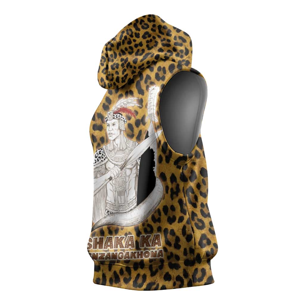 Shaka Zulu Sleeveless Hoodie Leopard Print Design Traditional Warrior Spear and Shield Illustration Tribal King - African Pride