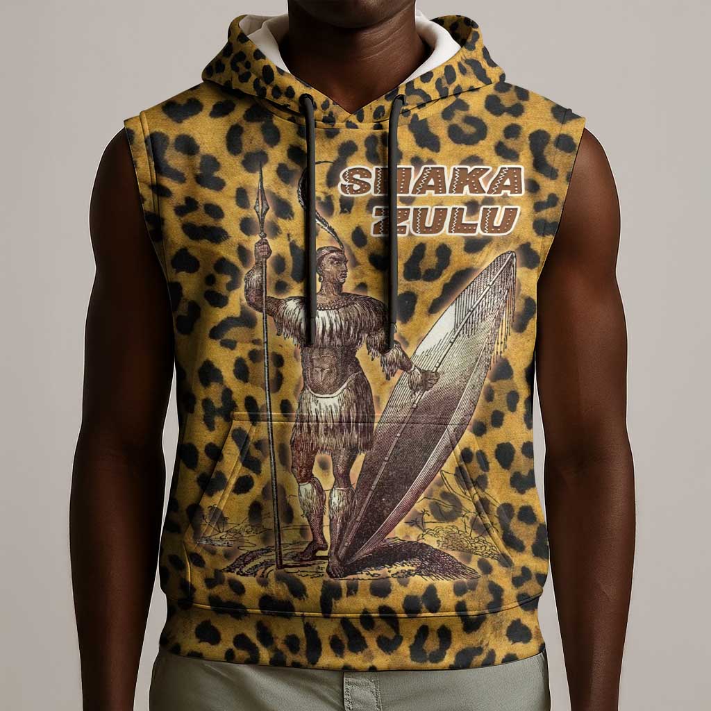 Shaka Zulu Sleeveless Hoodie Leopard Print Design Traditional Warrior Spear and Shield Illustration Tribal King - African Pride