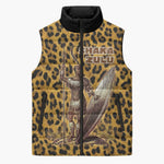 Shaka Zulu Sleeveless Puffer Jacket Leopard Print Design Traditional Warrior Spear and Shield Illustration Tribal King - African Pride