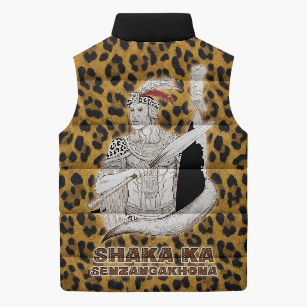 Shaka Zulu Sleeveless Puffer Jacket Leopard Print Design Traditional Warrior Spear and Shield Illustration Tribal King - African Pride